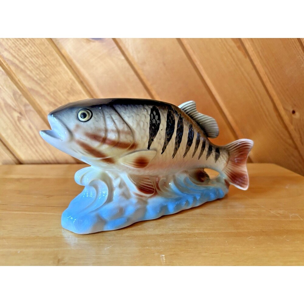 Rubens Ceramic Hand-Painted Black Bass Fish Planter  5129 Japan Pot Vintage